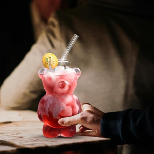 LUOZZY Bear Shaped Glass Cup with Straw Adorable Bear Cocktail Glass Transparent Beverage Drinking Glass Cup for Home Bar ...