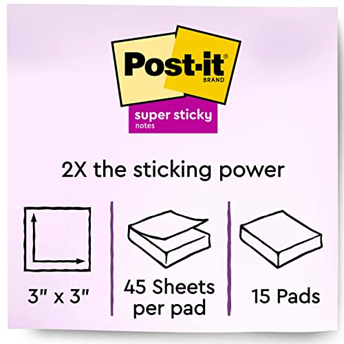 Post-it Super Sticky Notes, Assorted Bright Colors, 3x3 in, 15 Pads/Pack, 45 Sheets/Pad, 2X The Sticking Power, Recyclabl...
