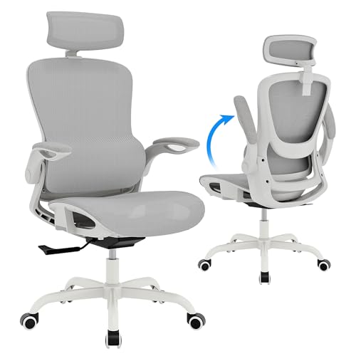 GABRYLLY Ergonomic Mesh Office Chair- White Desk Chair, Flip-Up Armrest, Adjustable Headrest, Tilting with Soft Seat and P...