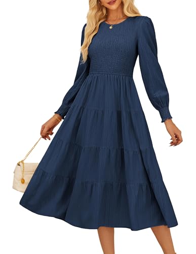 GRACE KARIN Women's Fall Long Sleeve Dresses, 2025 Wedding Guest Midi Dress, Smocked A Line Flowy Dresses with Pockets