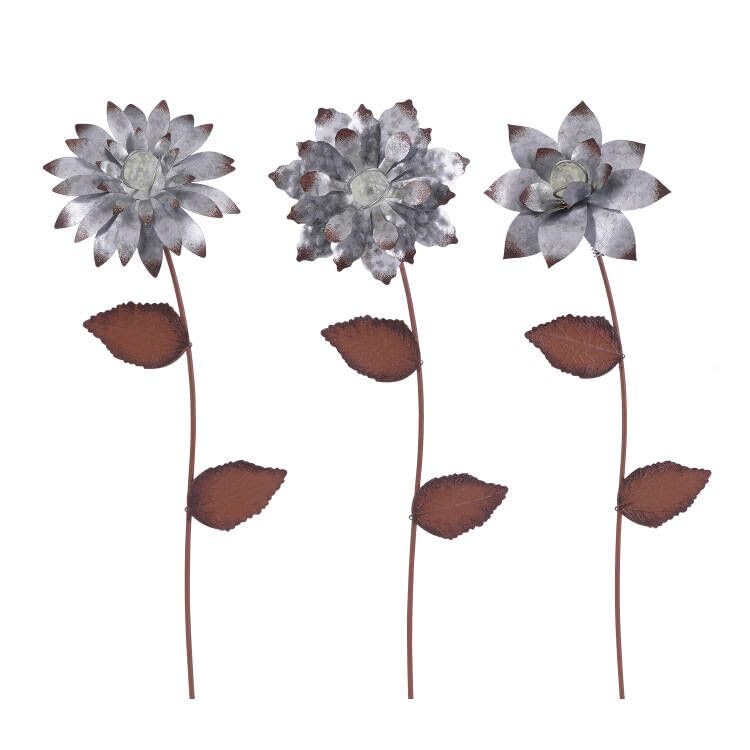 Garden Stakes Decorative, Metal Flowers for Outside, Glow in Dark Yard Lawn Ornaments Plant Pot Flower Bed Decor, Patio, Set of 3, Gold Flower