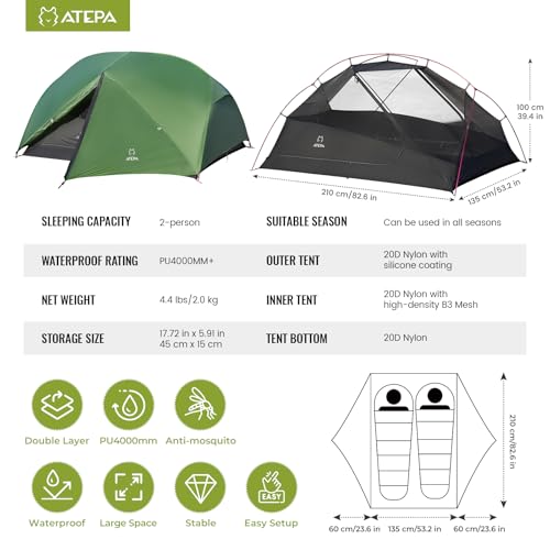 ATEPA Voyage 1-2 Person Backpacking Tent, 4 Season Ultralight Compact Tent, 4000mm Waterproof 20D Nylon Rainfly & Aluminum...