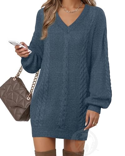 VAFOLY Women's Pullovers Jumper Sweaters Lantern Sleeve Casual V Neck Fall Knit Mini Sweater Dresses