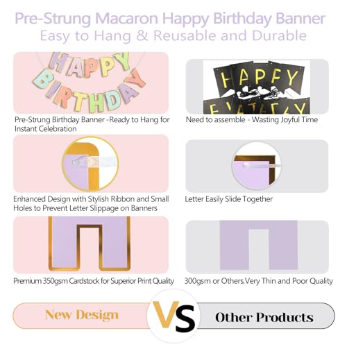 LITAUS Happy Birthday Banner & Sign - 9ft Pre-Strung No Assembly | Pastel Birthday Decorations for Women, Girls, Boys, Adu...