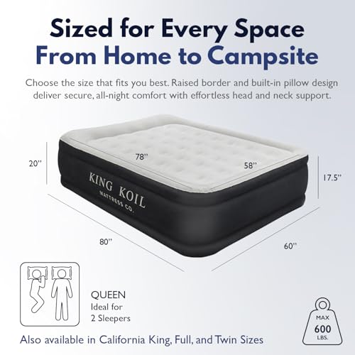 King Koil Luxury Air Mattress Queen with Built in Pump, Integrated Premium Pillow Inflatable Airbed for Guests, Camping & ...
