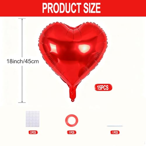 Heart Shaped Red Foil Balloons - 15 Pack 18 Inch for Valentine's Day, Birthday, Wedding, Bridal Shower Party Decorations