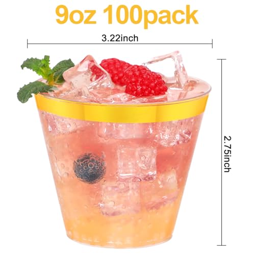 Upigi 100 Pcs Gold Plastic Cups,9Oz Gold Rimmed Plastic Cups,Heavy Duty Gold Rim Clear Disposable Plasitc Cocktail Tumbler...