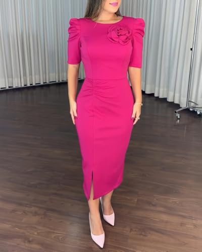 Women's Bodycon Midi Dress Ruched Puff Sleeve Cocktail Pencil Dress Casual Slit Party Work Dresses