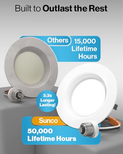 Sunco 10 Pack Retrofit LED Recessed Lighting 4 Inch, 3000K Warm White, Dimmable Can Lights, Baffle Trim, 11W=60W, 660 LM, ...
