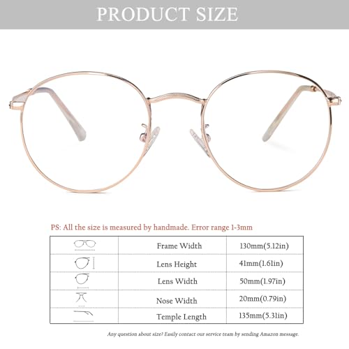 HJSTES Round Blue Light Glasses for Women Men Retro Circle Clear Lens Metal Frame Eyeglasses