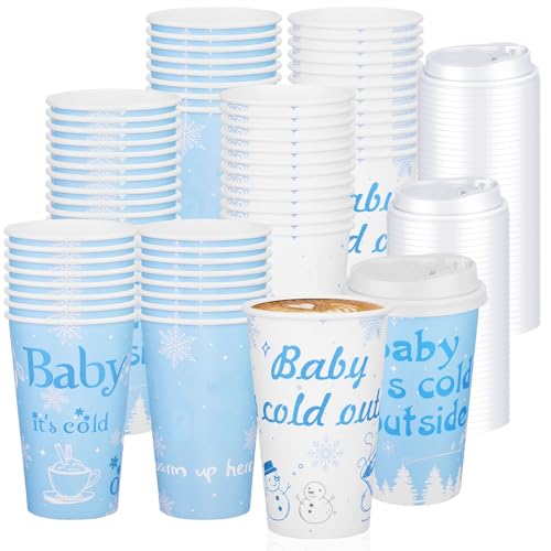 Layhit 100 Pcs 16 oz Baby It's Cold Outside Coffee Cup Hot Cocoa Bar Coffee Cup with Lids Disposable Winter Cups for Hot D...