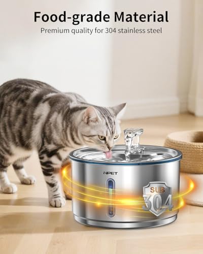 NPET Stainless Steel Cat Water Fountain, 1Gallon/135oz Automatic Pet Drinking Fountain Dog Water Dispenser with 4 Replacem...