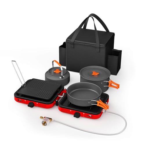 Hisencn Camping Stove,2 Burner Propane Stove,20000 BTU/h Camping Cooking set Includes Frying Pan,Kettle and Pot,Adjustable...