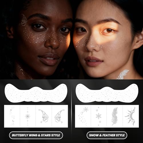30PCS Glitter Freckles Face Tattoos & Face Gems Set, Classic Silver Glitter Temporary Tattoos for Valentine's Day Makeup, ...