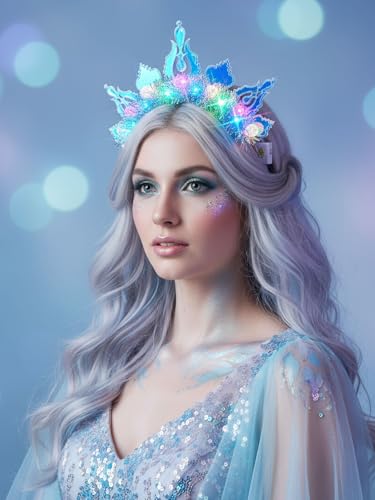 Lorealri Light Up Star Crown Headband, Blue and Silver Glitter Stars, LED Rave Party Costume Headwear Accessory for Women