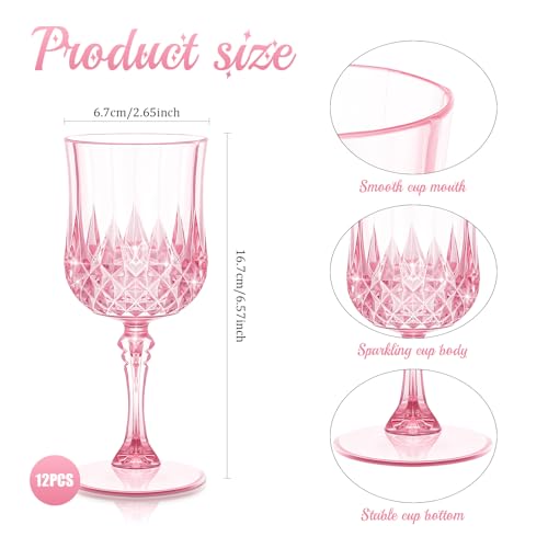 Dualshine 12 Pcs Pink Wine Glasses, Plastic Disposable Goblets Champagne Cups Drinking Glasses for Parties, Daily Home Us...