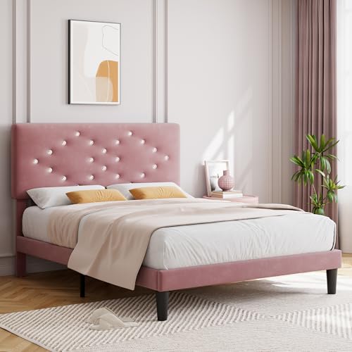 GarveeHome Twin Bed Frames with Button Tufted Headboard, Linen Upholstered Platform Bed with Wooden Slats Support, Velvet Princess Bed Frame, Easy Assembly, No Box Spring Required