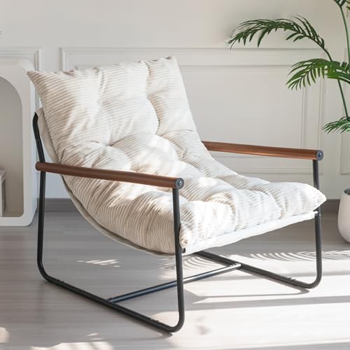 MAXYOYO Modern Accent Chair, Comfy Living Room Chair with Metal Frame Wooden Armrest, Upholstered Armchair with Soft Cushi...