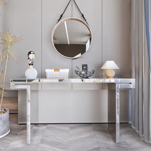 Henf Mirror Console Table for Living Room, 60 Inches Narrow Entryway Table Luxury Sofa Table Glass Hallway Accent Tables for Living Room, Entrance (Silver)