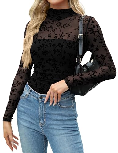 Zeagoo Womens Mesh Sheer Long Sleeve Top Mock Turtle Neck See Though Shirts Ruched Sexy Casual Going Out Blouses