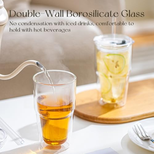 KEMORELA 2 Pack Double Wall Borosilicate Glass Tumblers with Lids and Straws, 16oz Insulated Iced Coffee Cups, Reusable Sm...