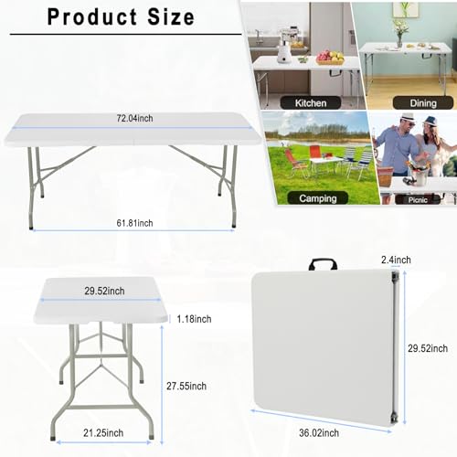 ONUUNPY 6ft Heavy Duty Portable Folding Table - Plastic Dining Table Indoor/Outdoor White Plastic Table for Parties, BBQs,...
