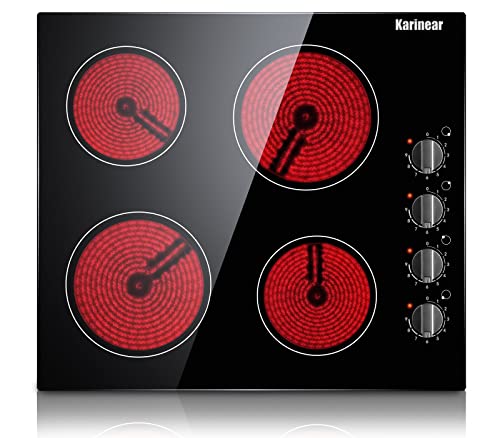 Karinear 4 Burner Electric Cooktop 24 Inch, Built-in Stove Top, 220-240v Radiant Cooktop with Knob Control, Residual Heat ...