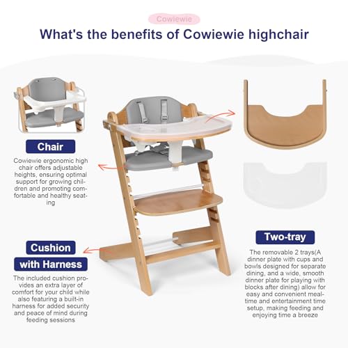 Cowiewie 3-in-1 Convertible Natural Wooden High Chair for Babies & Toddlers 3-Tier Remove & 2 Adjustable Wood Tray & 8 Lev...