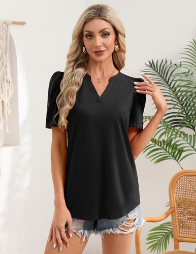Zeagoo Women Blouses Puff Short Sleeve Tops V Neck Dressy Casual Spring Shirts Boho Floral Cute Clothes 2026