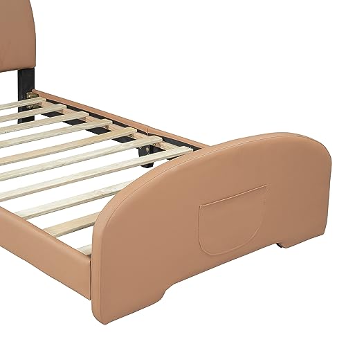 SOFTSEA Twin Size Upholstered Platform Bed with Bear-Shaped Headboard and Footboard, Twin Size Bed Frame with Wooden Slats Support, Brown+White