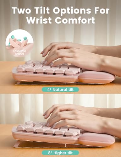Pink Quiet Wireless Keyboard and Mouse Combo, 2.4G Ergonomic Wave Key Board with Cushioned Plam Rest, Full-Size Soft Typin...