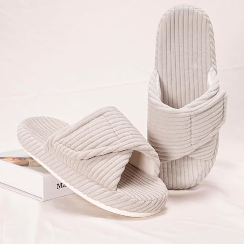 Women's House Slippers Cozy Adjustable Open Toe Memory Foam Corduroy Non-slip Bedroom Shoes for Indoor Outdoor