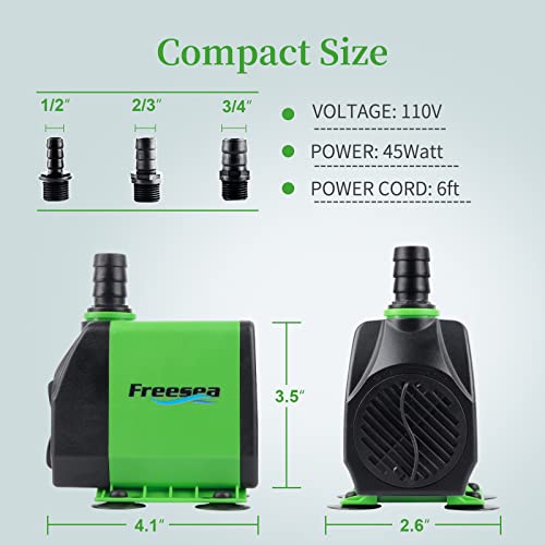 FREESEA Fountain Submersible Water Pump: 800GPH 45W Adjustable Ultra Quiet Aquarium Pump with 3 Nozzles 10ft High Lift for...
