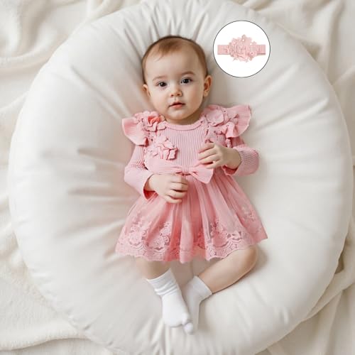 Baby Girl Romper Dress Lace Flowers Baby Dress Romper Infant Fall Winter Festival Clothes with Bow Headband