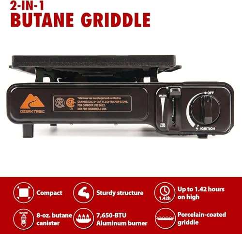 Ozark Trail 2 in 1 Butane Griddle Black, 7650 BTU Piezo-Electric Cast Aluminum Plate, Compact Lightweight Portable Grill f...