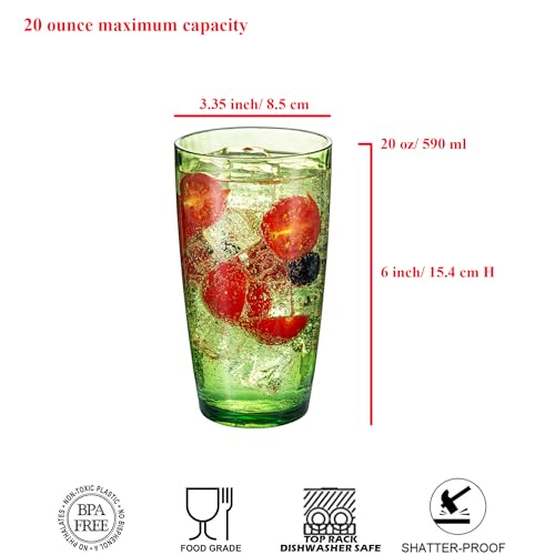 ZAINCA 20-ounce Plastic Tumblers, Acrylic Drinking Glasses High-Balls, set of 6 Green Reusable Plastic Cups, Hammered Styl...
