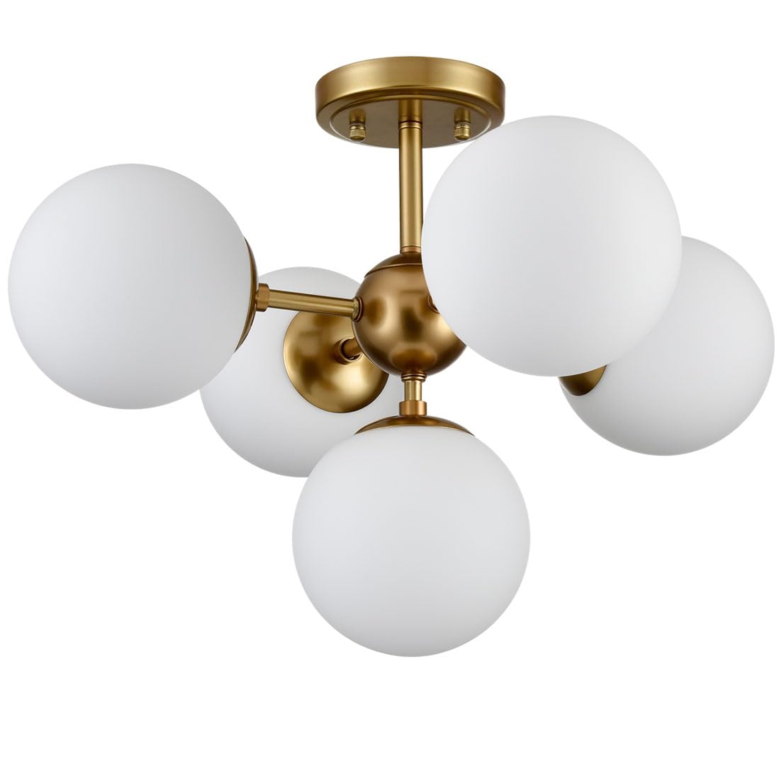 DIRYZON Mid Century Modern 5-Light Semi Flush Mount Ceiling Light,Brass Sputnik Ceiling Light with Opal Globe Glass for Living Room Bedroom Hallway
