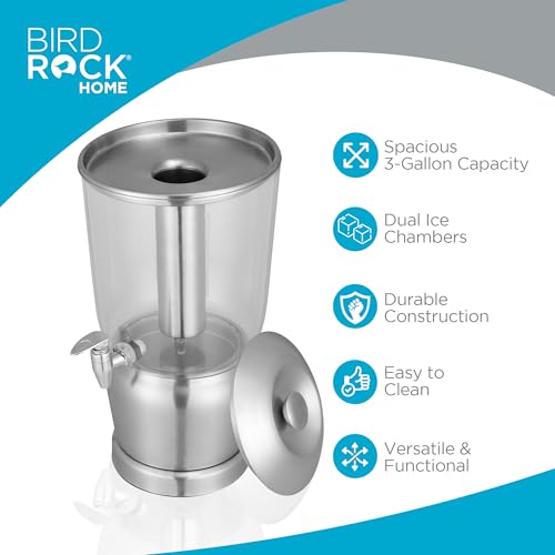 BIRDROCK HOME 3 Gallon Stainless Steel Beverage Dispenser with Ice Container, Spigot - Round - Lemonade Sangria Tea Water ...