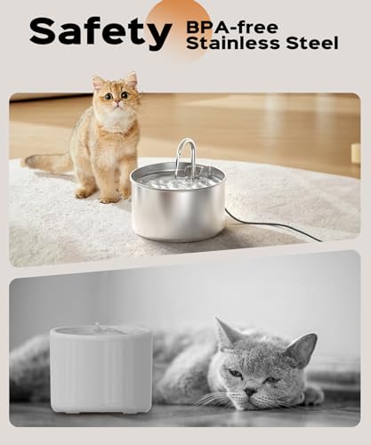 Cat Water Fountain Stainless Steel + 6 Filters + 3 Sponges - Pet Water Fountain 24/7 Keep The Water Fresh 74oz Capacity Ul...