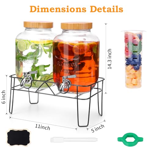 2 Pack 1 Gallon Glass Drink Dispenser with Bamboo Lids, Beverage Dispenser with Stand, Drink Machine for Lemonade, Iced Dr...