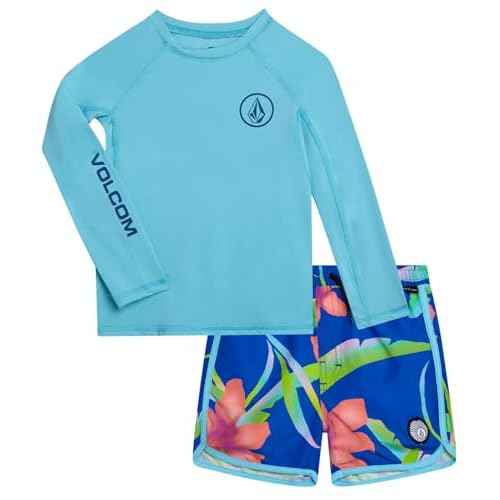 Volcom Baby Boys Swim Set - 2 Piece Long Sleeve Swim Shirt Graphic Tees & Board Shorts, Infant Toddler Little Boys Swimsuit