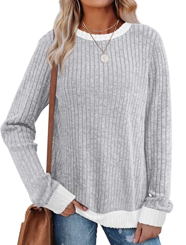 Sampeel Womens Tops Long Sleeve Shirts Lightweight Sweaters Loose Fit Crewneck Color Block Fall Fashion Outfits