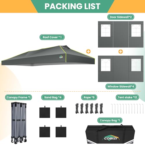 COBIZI 10x20 Pop Up Canopy Tent, Outdoor Party Tent with 6 Sidewall One Push Setup Glow, 3 Adjustable Height Air Vent Wate...