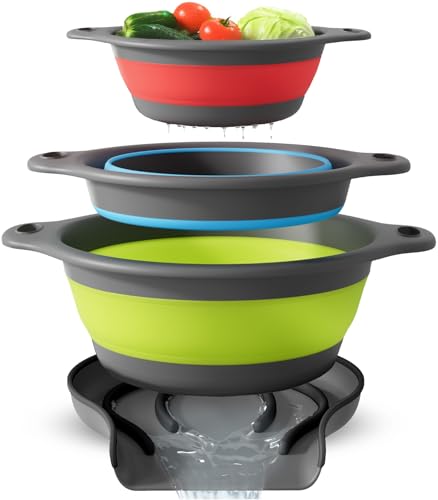 Gevoli Collapsible Colanders with Self-Draining Base for Edge of Sink, Food Strainers (Small/Med/Large), Nested Design for...