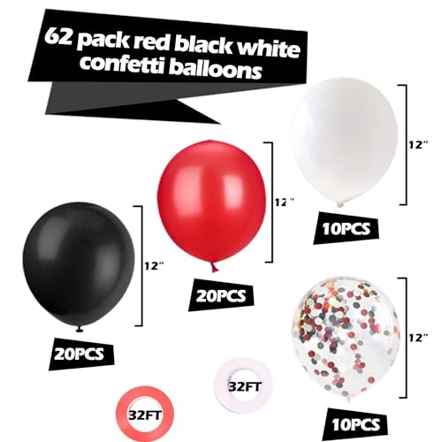 62Pcs Red and Black Balloons Kit - 12 Inches Red Black Party Decoration Balloons for Graduation Casino Theme Birthday Part...