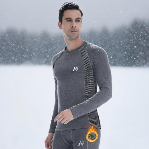 Men's Thermal Compression Shirt Fleece Lined Long Sleeve Athletic Base Layer Cold Weather Gear Workout Top Grey