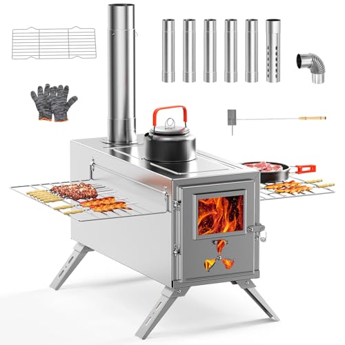 Upgraded Wood Stove, Hot Tent Stove Camping Portable Stainless Steel Wood Burning Stove with 7 Chimney Pipes for Wall Tent...