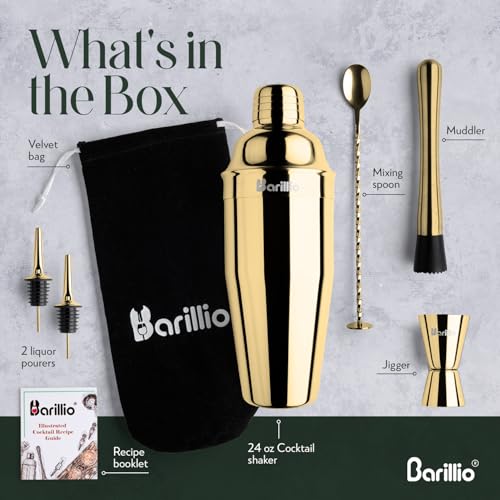 Barillio Gold Mixology Bartender Kit - 8 pcs Stainless Steel Travel Cocktail Shaker Set with Bag - Bar Tools Set with Mart...