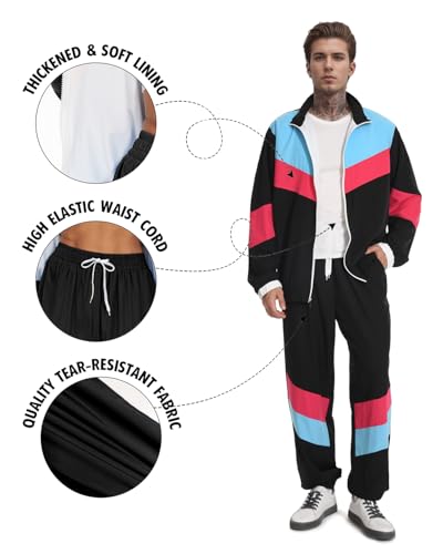 UOUA 80s Outfit Men 90s Tracksuit Costumes Halloween 70s Windbreaker Jacket Track Suit 2 Piece Hip Hop Set