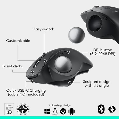 Logitech MX Ergo S Advanced Wireless Trackball Mouse, USB-C Rechargeable Wireless Ergonomic Mouse with Bluetooth and Encry...
